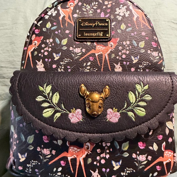 Loungefly Handbags - Loungefly Bambi Floral Mini Backpack in Dark Purple with Pink & Green Accents